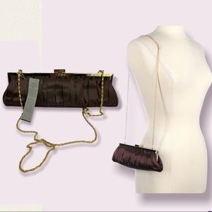 Cache Satin Brown Clutch Evening Bag with Gold Chain